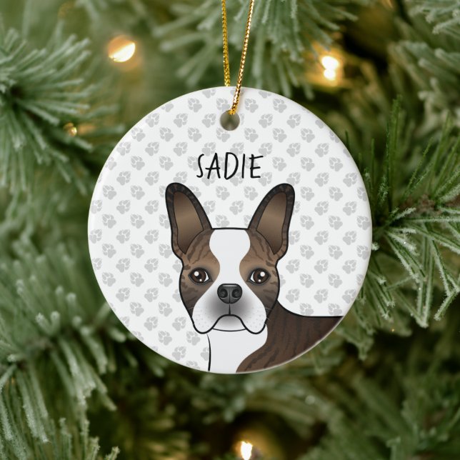 Brindle Boston Terrier Hund Head & Custom Name Julgransprydnad Keramik (Träd)