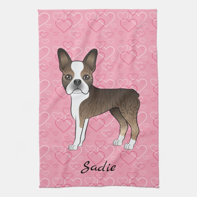 Brindle Boston Terrier Hund på Rosa Hearts och Nam Kökshandduk (Vertikal)
