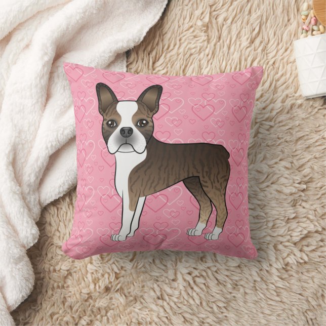 Brindle Boston Terrier Hund På Rosa Hjärtan Kudde (Filt)