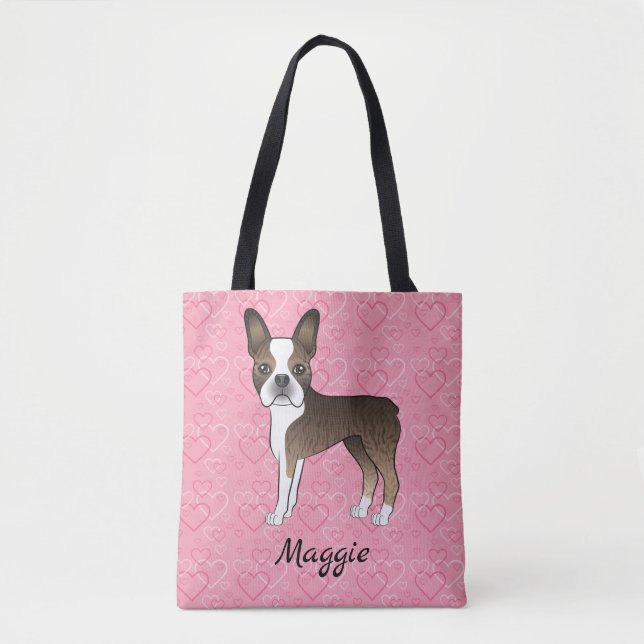 Brindle Boston Terrier Hund På Rosa Hjärtan Tygkasse (Framsida)