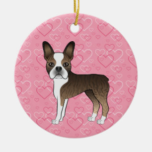 Brindle Boston Terrier på rosa hjärtan Husdjur Mem Julgransprydnad Keramik