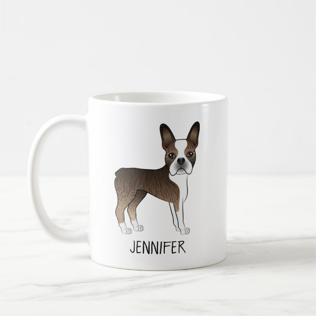 Brindle Boston Terrier Söt Tecknad Hund & Namn Kaffemugg (Vänster)