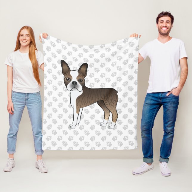 Brindle Boston Terrier Söt Tecknad Hund & Tassar Fleecefilt (På plats)
