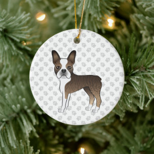Brindle Boston Terrier Söt Tecknad Hund & Tassar Julgransprydnad Keramik