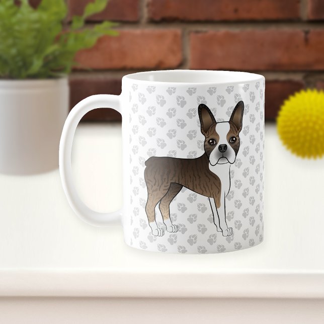 Brindle Boston Terrier Söt Tecknad Hund & Tassar Kaffemugg (Skapare uppladdad)
