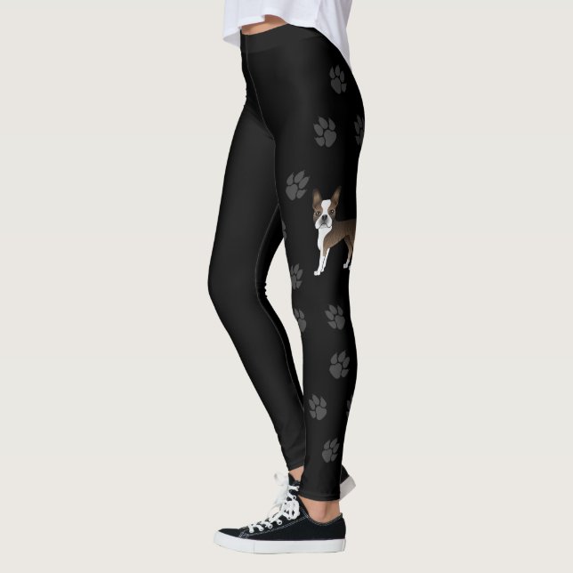 Brindle Boston Terrier Söt Tecknad Hund & Tassar Leggings (Vänster)