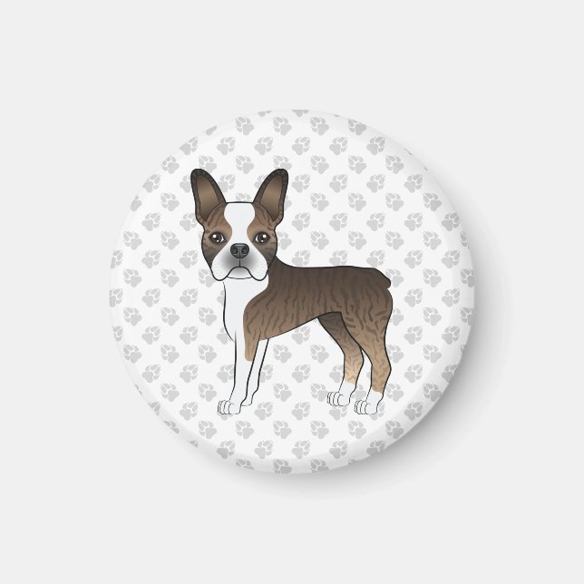 Brindle Boston Terrier Söt Tecknad Hund & Tassar Magnet (Framsidan)