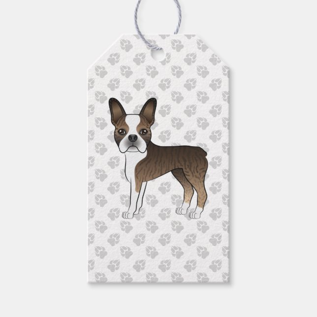 Brindle Boston Terrier Söt Tecknad Hund & Tassar Presentetikett (Framsidan)