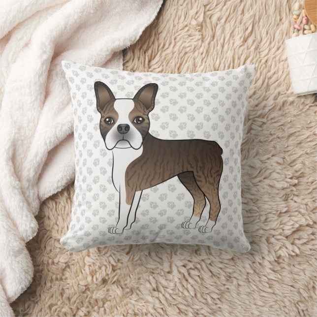 Brindle Boston Terrier Sött Tecknat Hund & Tassar Kudde (Filt)
