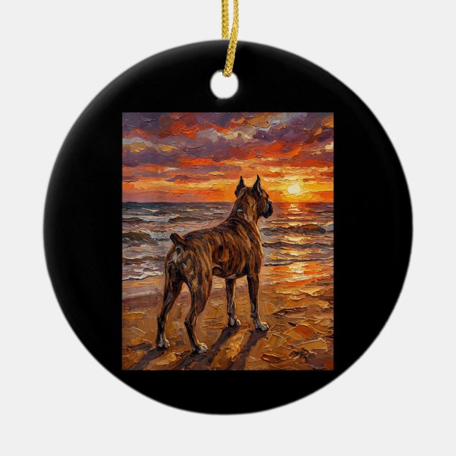 Brindle Boxer at Sunset Beach Boxer Dog Art Gift Julgransprydnad Keramik (Framsidan)
