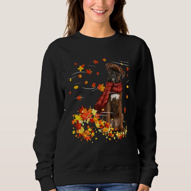 Brindle Boxer Fall Red Scarf Hösthösten Löv Gift f T Shirt (Framsida)