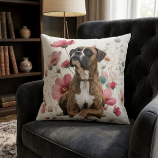 Brindle Boxer Hund & Vilda Blommor Kudde