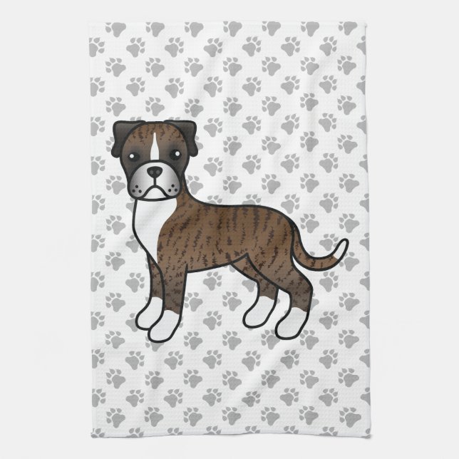 Brindle Boxer Söt Tecknad Hund & Tassar Kökshandduk (Vertikal)