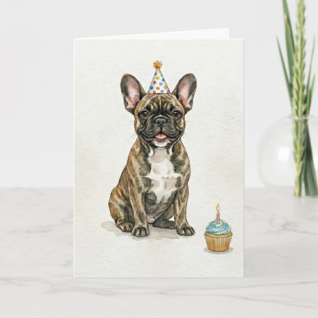 Brindle fransk Bulldog Födelsedagsfest Hatt Cupcak Kort (Framsida)