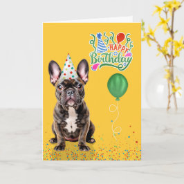 Brindle French Bulldog Party Hat Yellow Birthday Kort