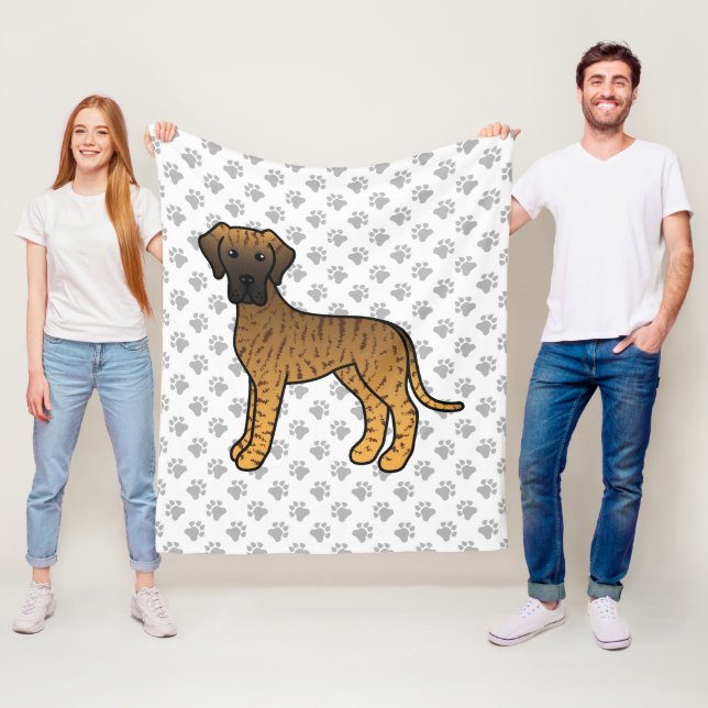 Brindle Grand Danes Söt Tecknad Hund & Tassar Fleecefilt (På plats)