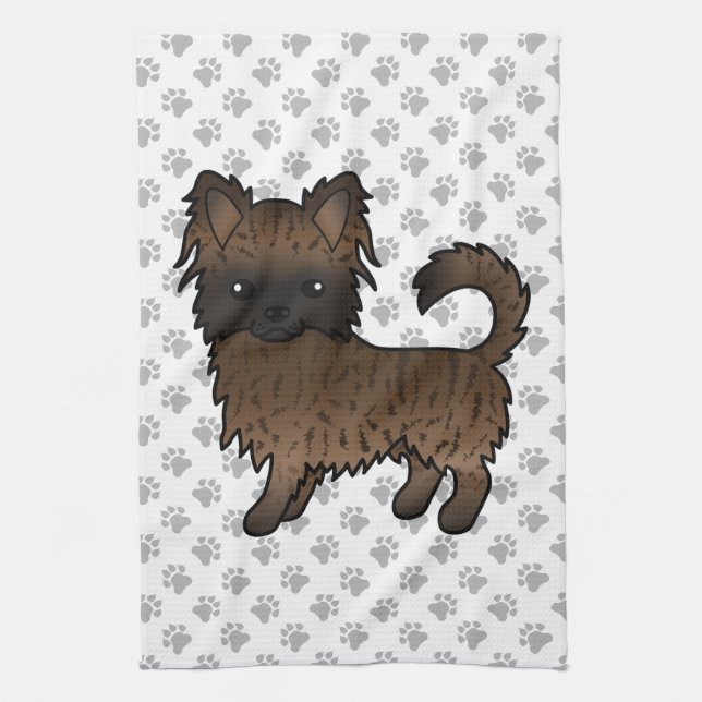 Brindle Long Coat Chihuahua Tecknad Hund & Tassar Kökshandduk (Vertikal)
