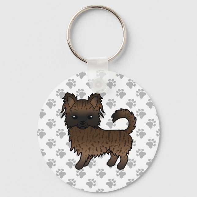 Brindle Long Coat Chihuahua Tecknad Hund & Tassar Nyckelring (Framsida)