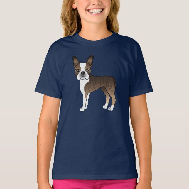 Brindle och vit Boston Terrier Söt tecknad hund T Shirt (Framsida)
