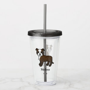 Brindle Och Vit Staffie Söt Tecknad Hund & Namn Take Away Mugg