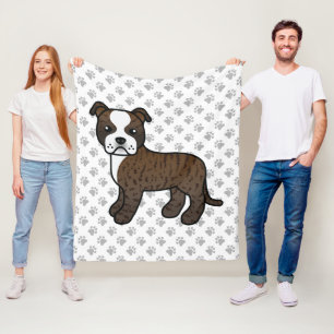Brindle Och Vit Staffie Söt Tecknad Hund & Tassar Fleecefilt