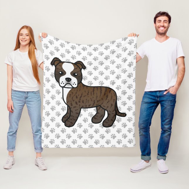 Brindle Och Vit Staffie Söt Tecknad Hund & Tassar Fleecefilt (På plats)