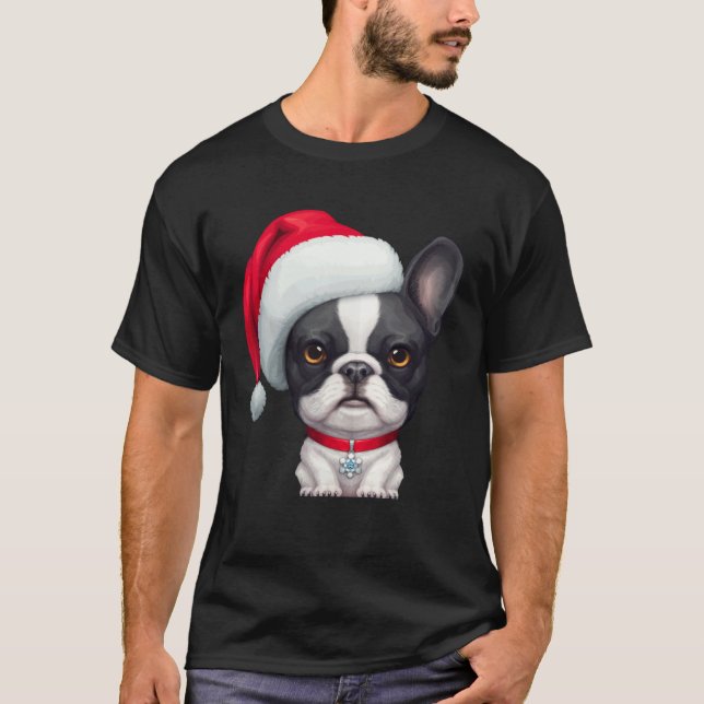 Brindle Pied French Bulldog in Santa Hat Christmas T Shirt (Framsida)
