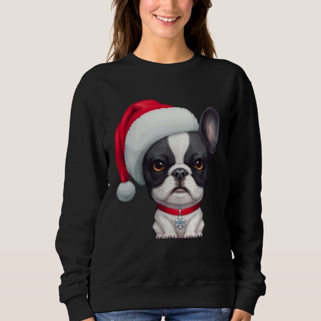 Brindle Pied French Bulldog in Santa Hat Christmas T Shirt (Framsida)