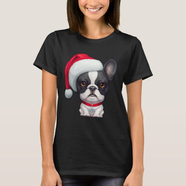 Brindle Pied French Bulldog in Santa Hat Christmas T Shirt (Framsida)