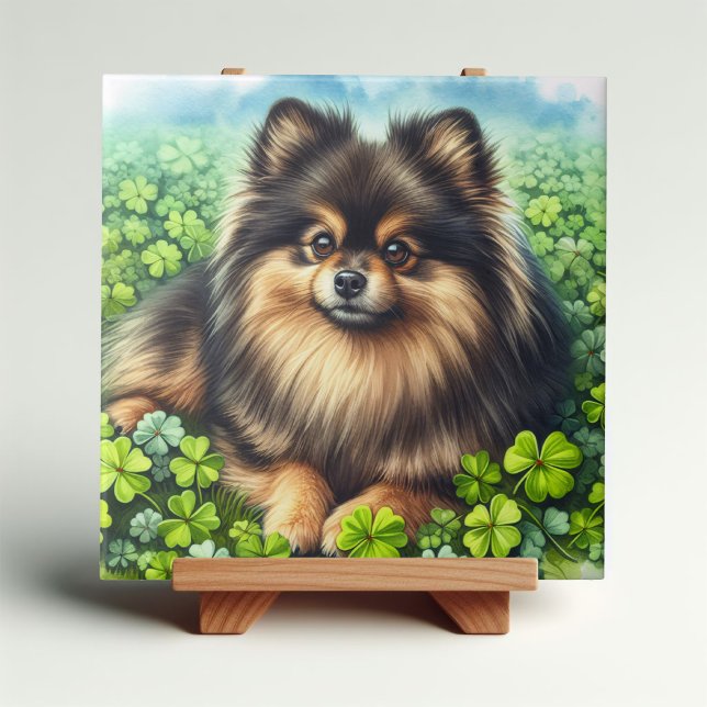 Brindle Pommanian Watercolor Klöver Shamrock Kakelplatta (Skapare uppladdad)