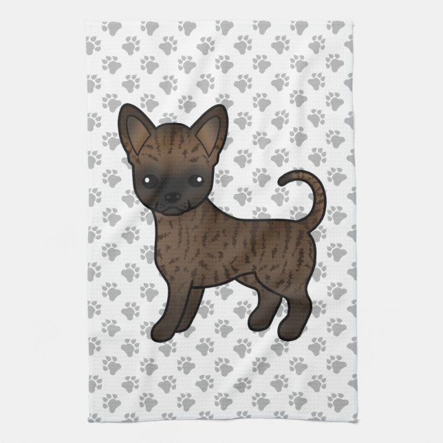 Brindle Smooth Coat Chihuahua Tecknad Hund & Tassa Kökshandduk (Vertikal)