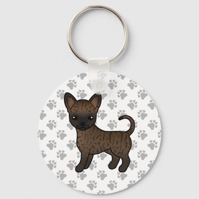 Brindle Smooth Jackar Chihuahua Tecknad hund & Tas Nyckelring (Framsida)