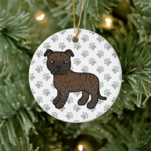 Brindle Staffordshire Bull Terrier Tecknad Hund Julgransprydnad Keramik