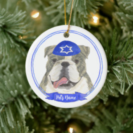 Brindle & White English Bulldog Hanukkah Julgransprydnad Keramik