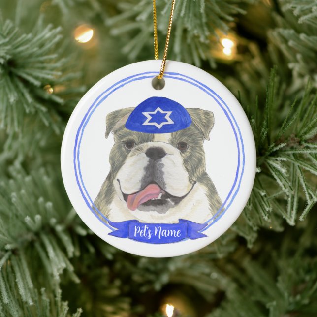 Brindle & White English Bulldog Hanukkah Julgransprydnad Keramik (Träd)