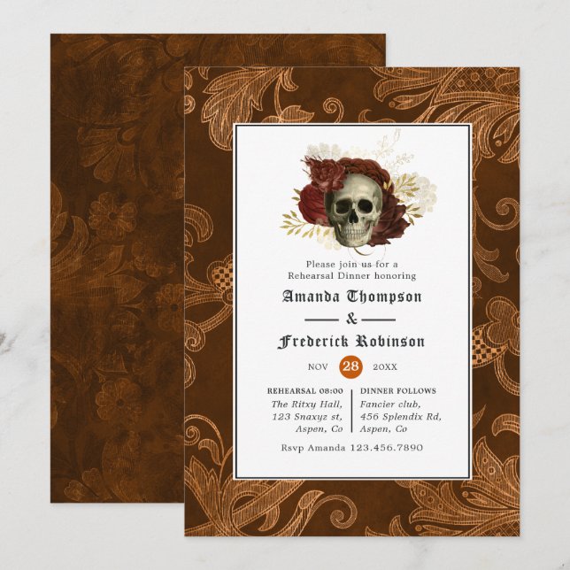 Brinnad Orange Rustic Damask Gothic Rehearsal Midd Inbjudningar (Fram/baksida)