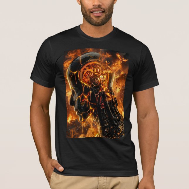 Brinnande Cyborg Huvud Eldig Fenix Grafik T Shirt (Framsida)