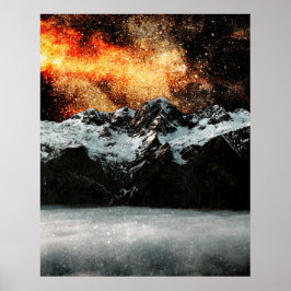 Brinnande galax ovanför majestätiska berg poster
