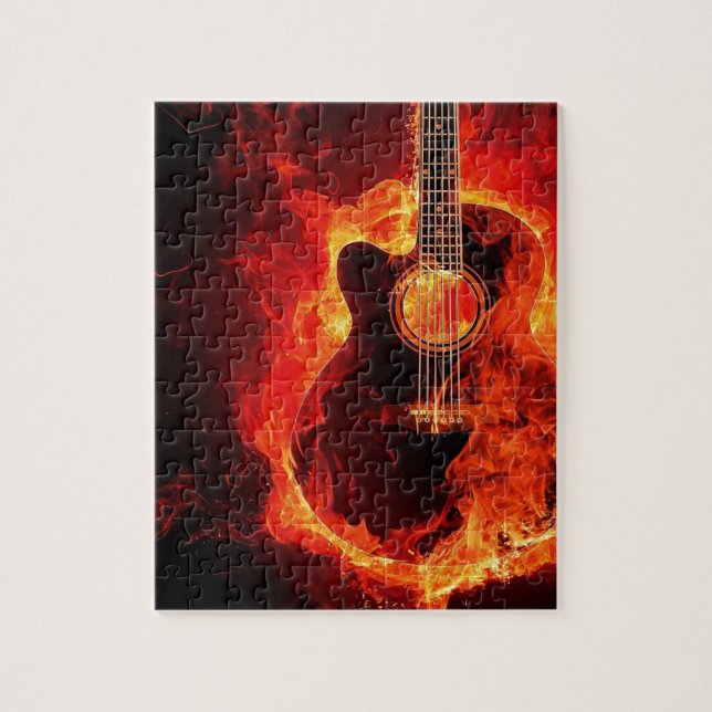 Brinnande Gitarr, Orange Flames Musik Rockband Pussel (Vertikal)
