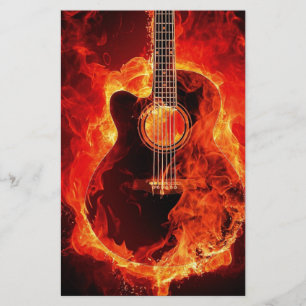 Brinnande gitarr, orange lågor musik rockband brevpapper