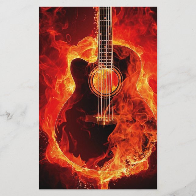 Brinnande gitarr, orange lågor musik rockband brevpapper (Framsida)