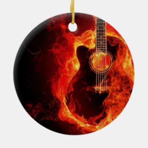 Brinnande gitarr, orange lågor musik rockband julgransprydnad keramik