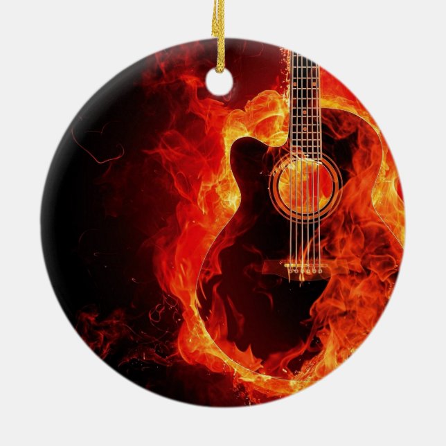 Brinnande gitarr, orange lågor musik rockband julgransprydnad keramik (Baksidan)