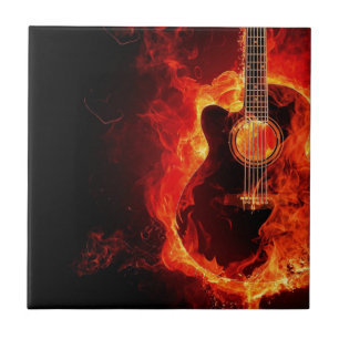 Brinnande gitarr, orange lågor musik rockband kakelplatta
