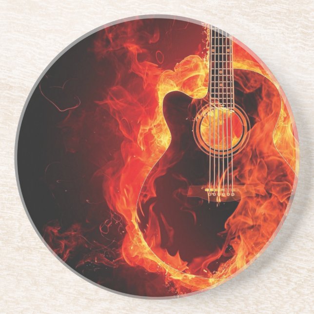 Brinnande gitarr, orange lågor musik rockband underlägg (Framsidan)