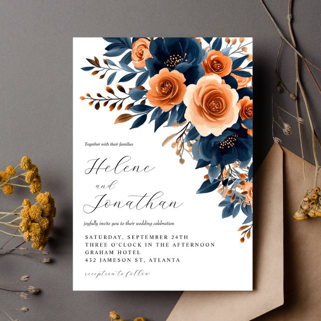 Brinnande Orange Elegant bröllop Inbjudningar (Navy Blue Terracotta Burnt Orange Elegant Wedding Invitation)
