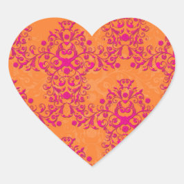 Brinnande Tangerine Tango Orange och Rosa Damask Hjärtformat Klistermärke