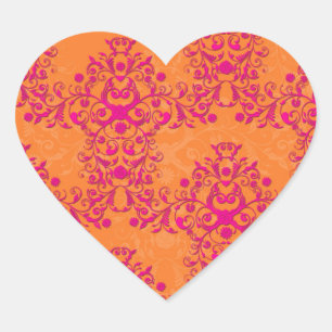 Brinnande Tangerine Tango Orange och Rosa Damask Hjärtformat Klistermärke