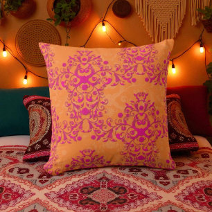 Brinnande Tangerine Tango Orange och Rosa Damask Kudde