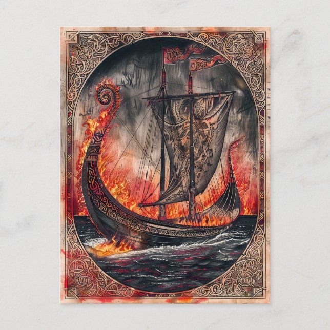 Brinnande Viking Frakt i Burial Ritual Helg Vykort (Framsida)